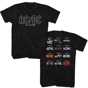 AC/DC 50 Years Logos Black T-shirt Front and Back