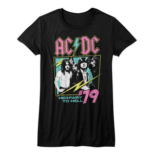 AC/DC Neon 1979 Highway to Hell Album Photo Ladies Black T-shirt - Yoga Clothing for You