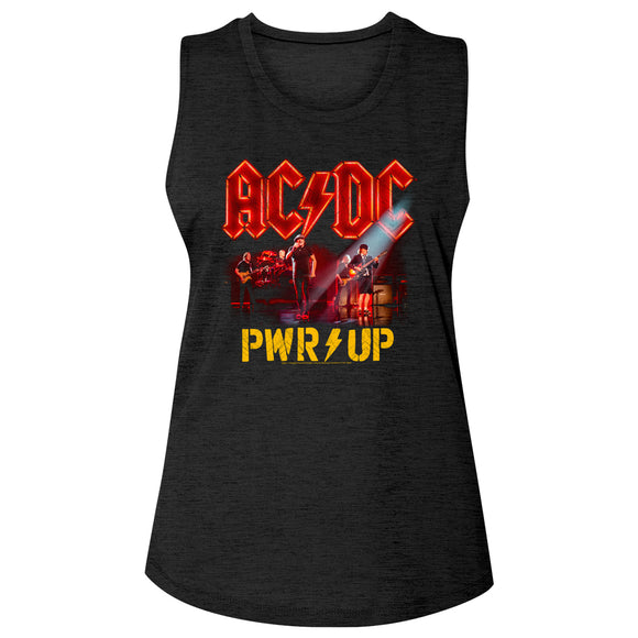 AC/DC Band In Concert Power Up Album Ladies Sleeveless Crew Neck Slub Black Tee Shirt - Yoga Clothing for You