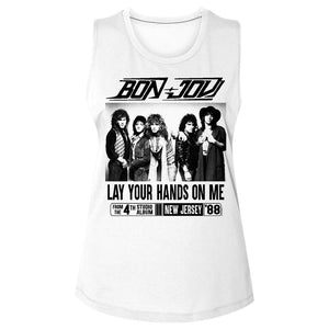 Bon Jovi Lay Your Hands on Me Ladies Sleeveless Muscle White Tank Top - Yoga Clothing for You