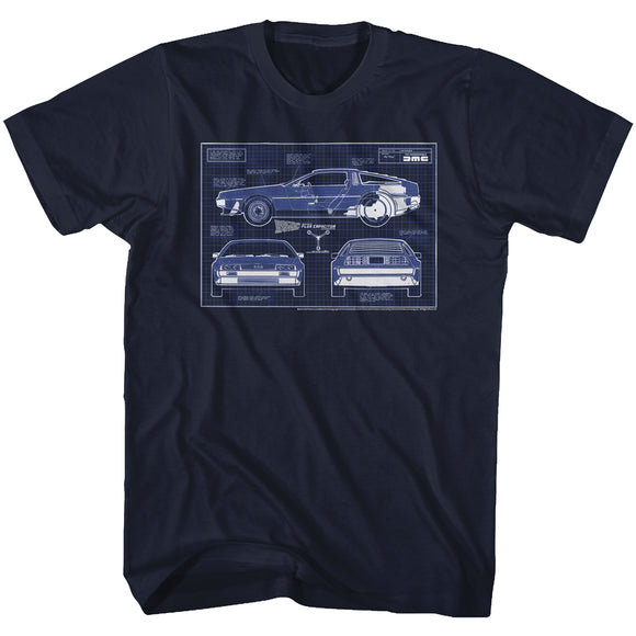 Back to the Future DeLorean Blueprints Navy Tall T-shirt - Yoga Clothing for You