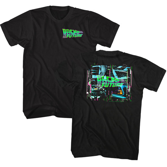 Back to the Future Neon DeLoean Engine Black Tall T-shirt Front and Back - Yoga Clothing for You