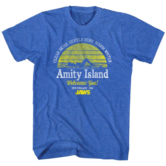 Jaws T-Shirt Distressed Amity Island Welcomes You Royal Heather Tee - Yoga Clothing for You