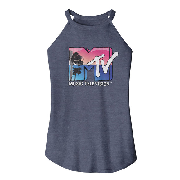 MTV Tropical Beach Logo Ladies Navy Rocker Tank Top - Yoga Clothing for You
