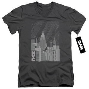 NYC Slim Fit V-Neck T-Shirt Manhattan Monochrome Buildings Charcoal Tee - Yoga Clothing for You