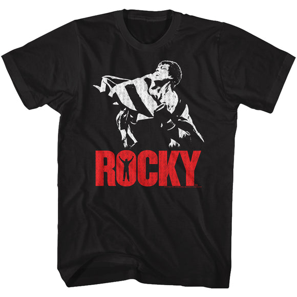 Rocky Tall T-Shirt Holding American Flag Outline Red Logo Black Tee - Yoga Clothing for You