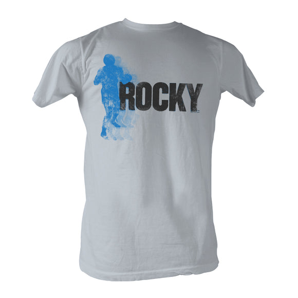 Rocky T-Shirt Distressed Black And Blue Logo Silver Tee - Yoga Clothing for You