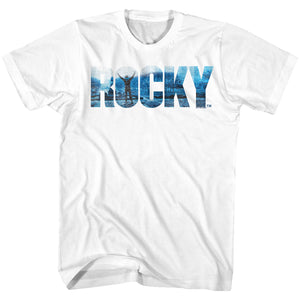Rocky T-Shirt Distressed Logo Philadelphia Top Of Stairs White Tee - Yoga Clothing for You