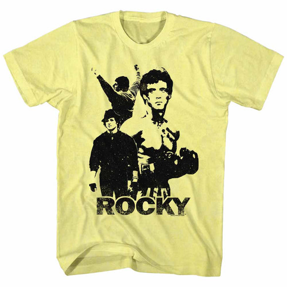 Rocky T-Shirt Distressed Champ 3 Poses Black Print Yellow Heather Tee - Yoga Clothing for You