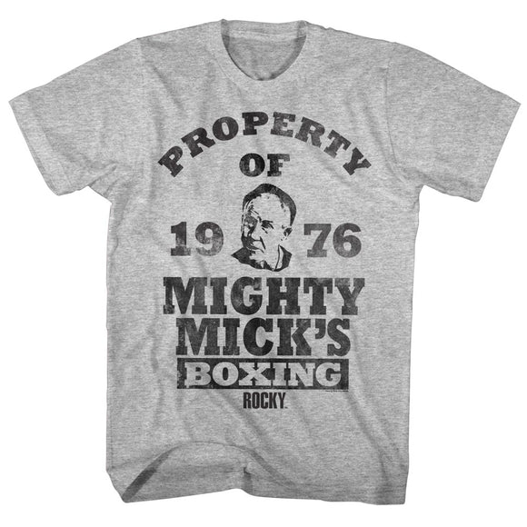 Rocky Tall T-Shirt Property Of Mighty Mick's Boxing Gray Heather Tee - Yoga Clothing for You