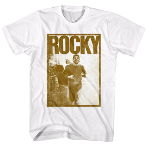 Rocky T-Shirt Distressed 40th Anniversary Running In Street White Tee - Yoga Clothing for You