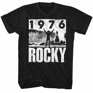 Rocky T-Shirt Distressed 1976 Top Of Stairs Black Tee - Yoga Clothing for You